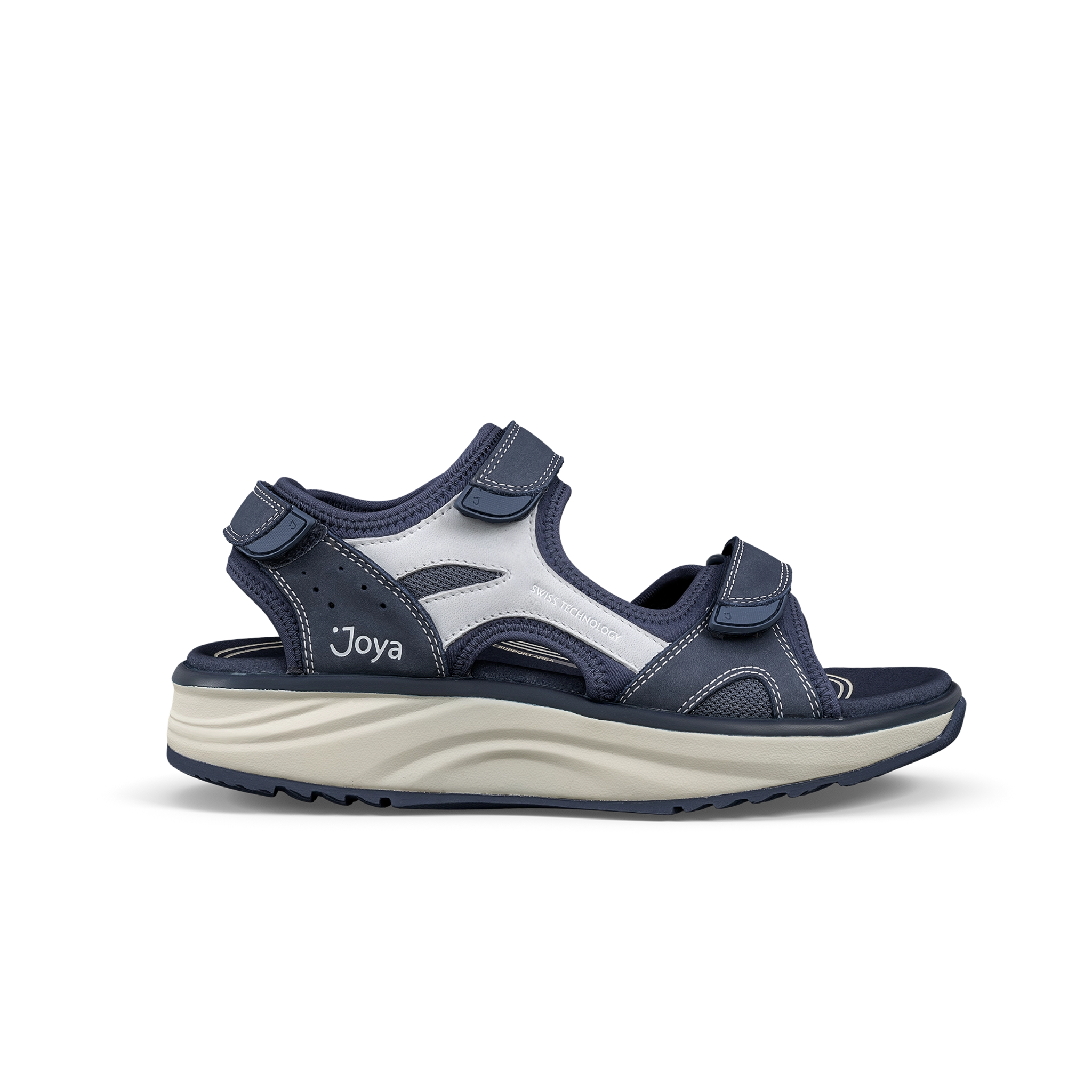 Navy and white sandal with 'Joya' branding on a white background