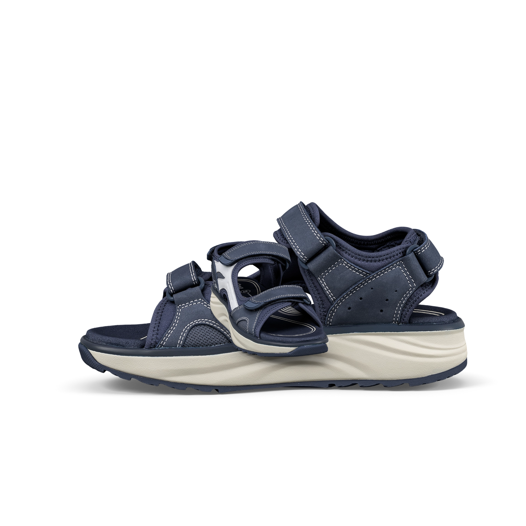 Navy and beige sandal on a white background