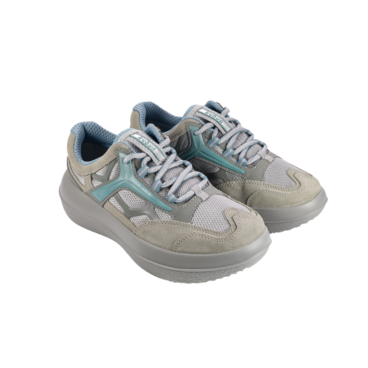 A pair of Skechers walking shoes in light gray suede and mesh with light blue accents on the side and laces, shown against a plain white background.