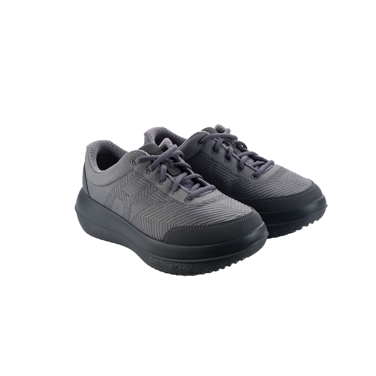 A pair of dark gray and black textured athletic sneakers with matching gray laces, shown on a plain white background.