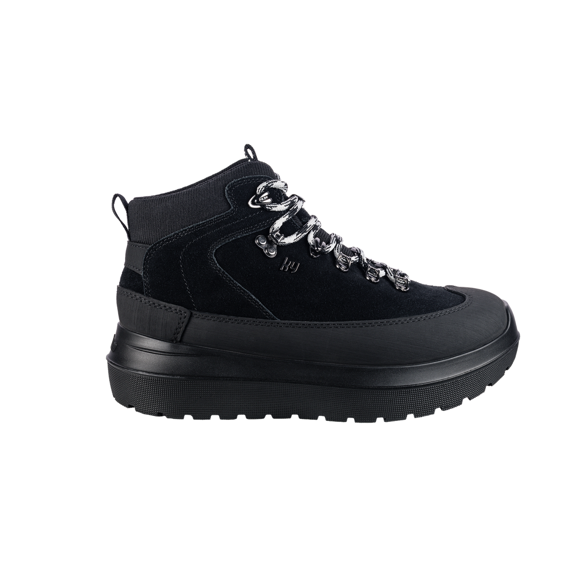 A black mid-top lace-up boot with chunky silver chain laces and a thick black sole, shown from a side profile on a white background.