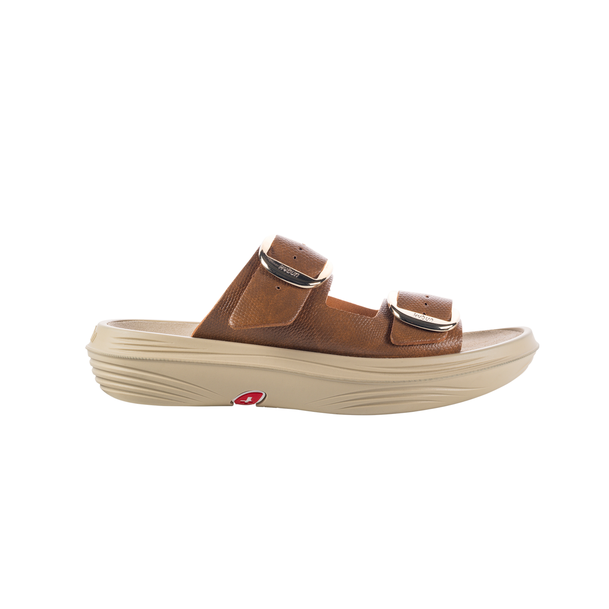 Brown sandal with a thick sole on a white background