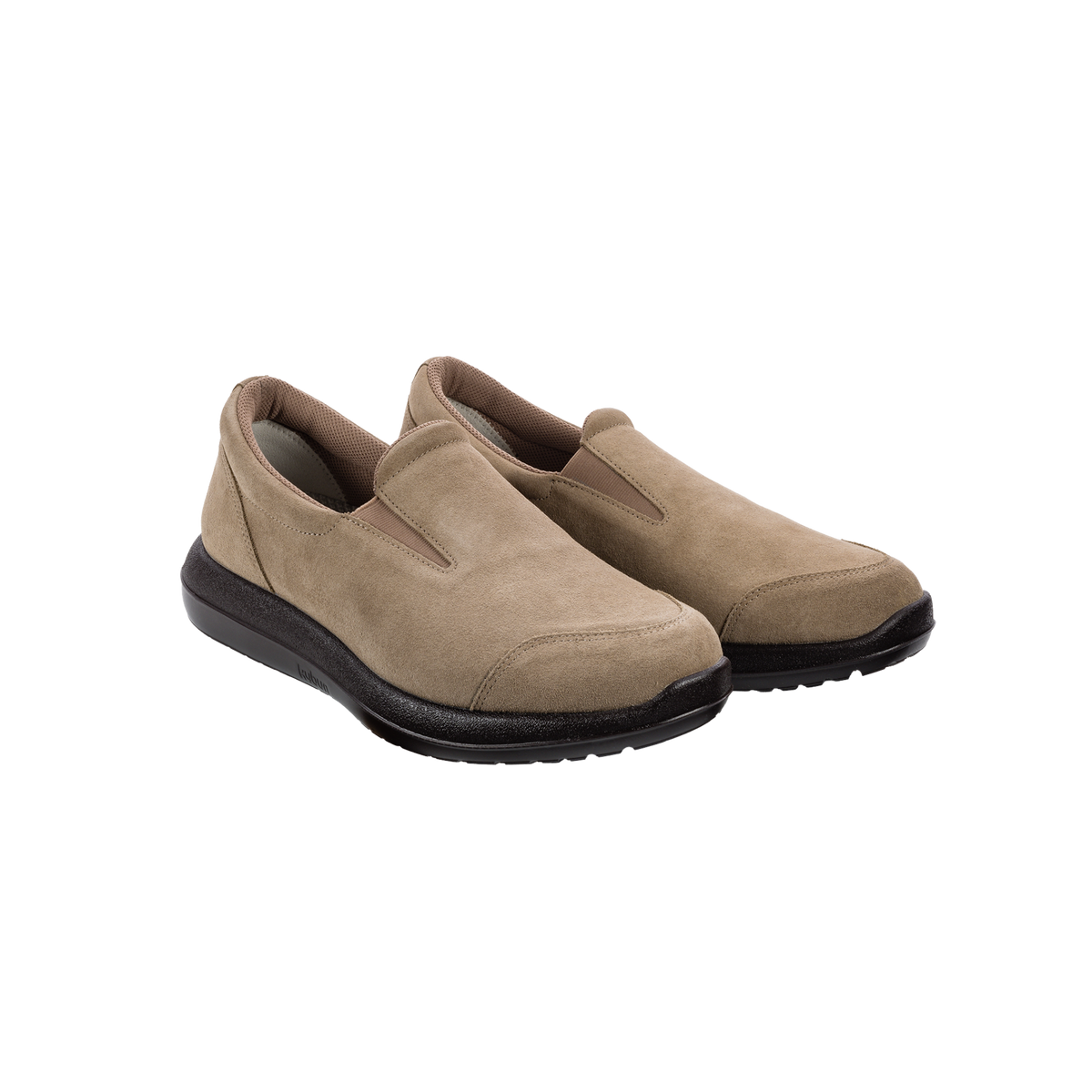 A pair of slip-on casual shoes in taupe suede with black soles, shown on a plain white background.