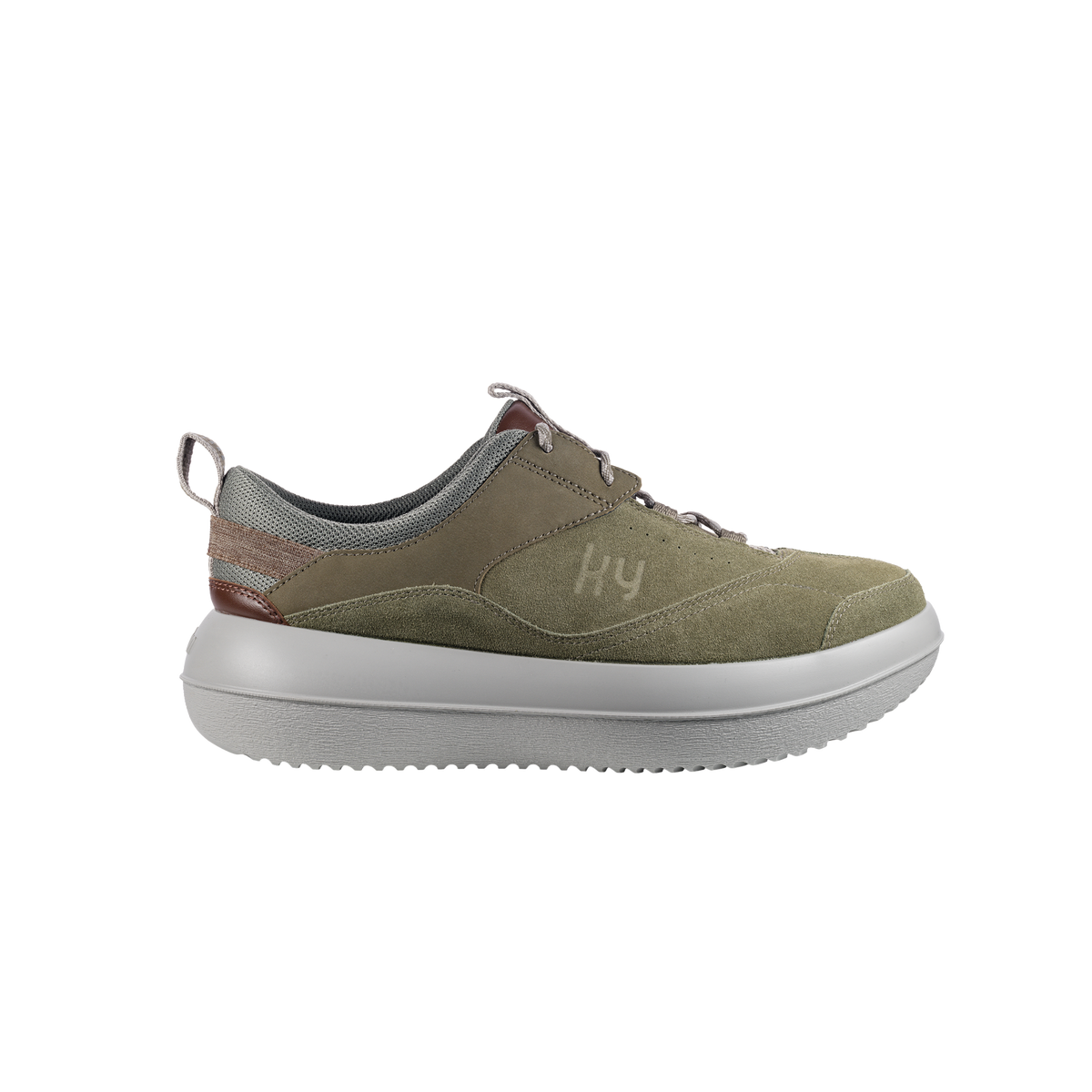 A low-top casual shoe in olive green suede and mesh with a thick light gray sole, shown in a side profile on a white background.