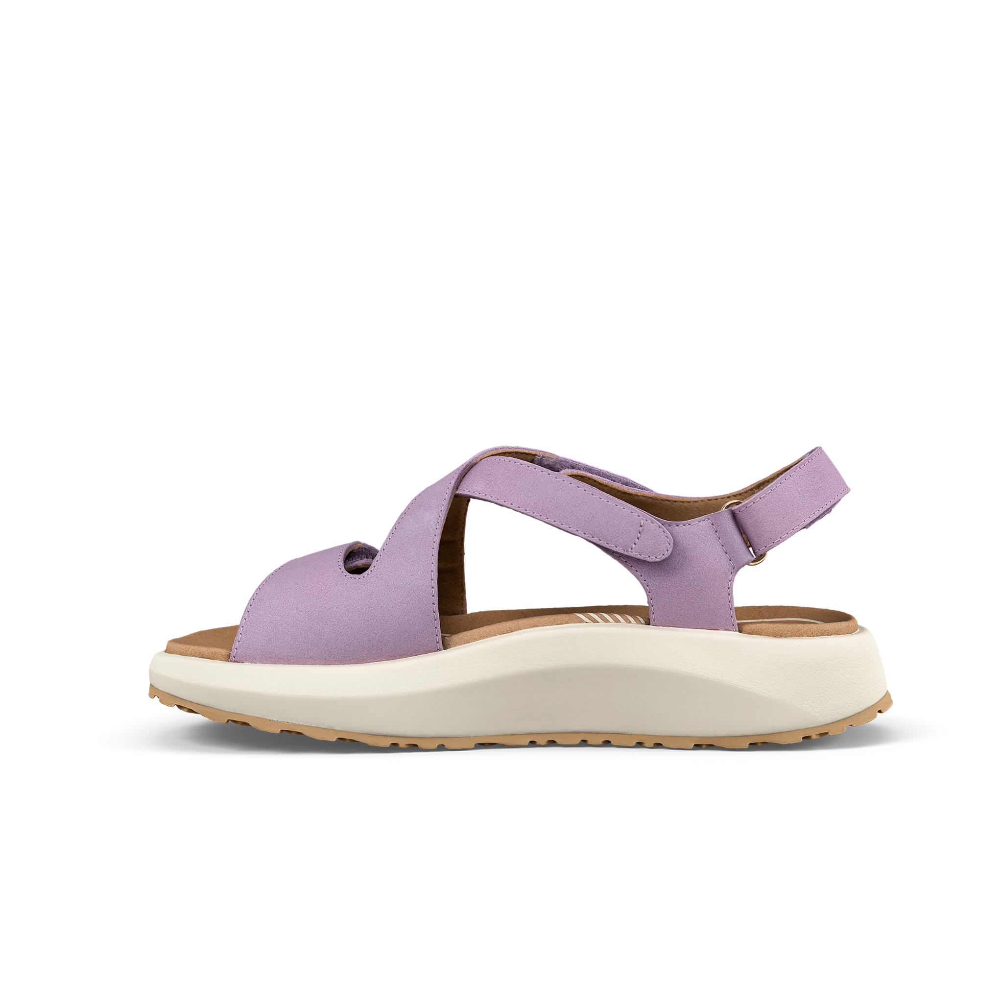 Purple sandal with a white sole on a white background