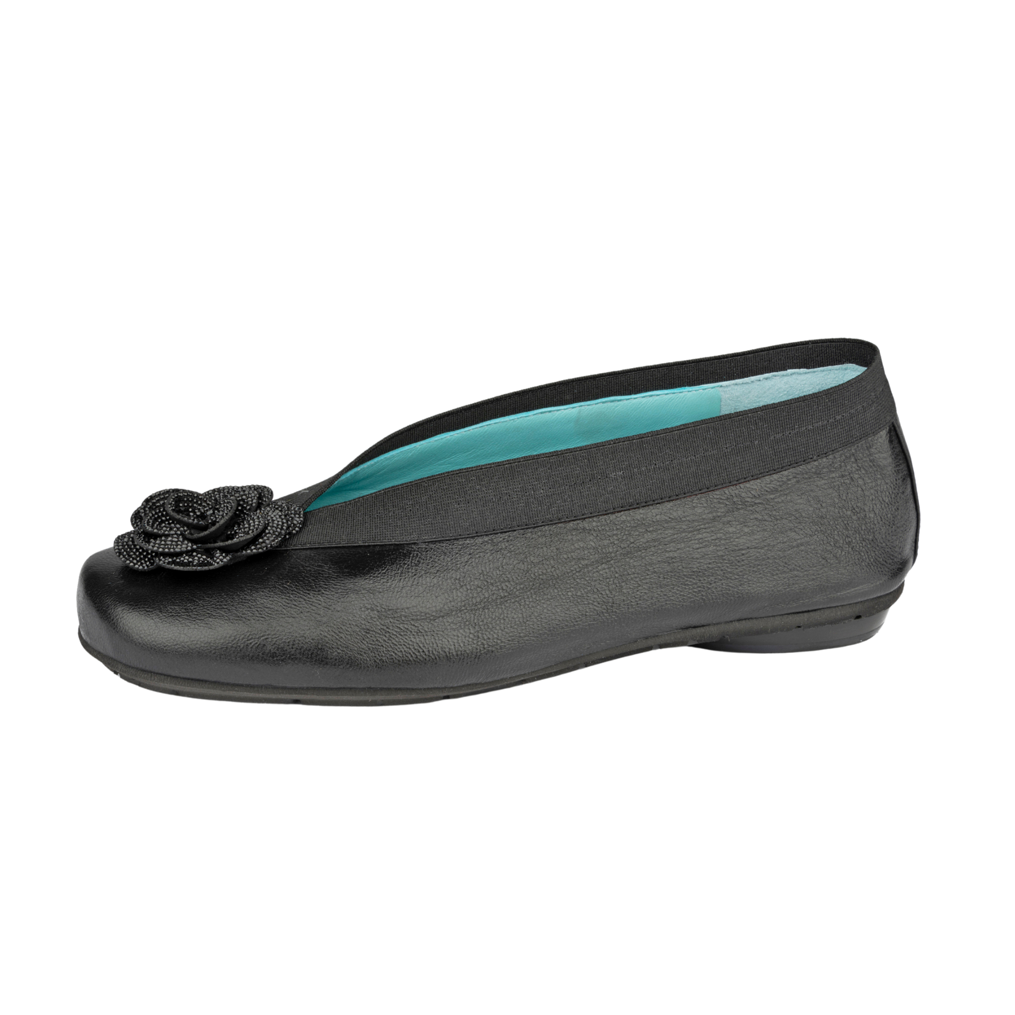 Thierry Rabotin Women's Madina Black Metallic Lambskin Nappa with Black Swarovski Crystal Flower Flat