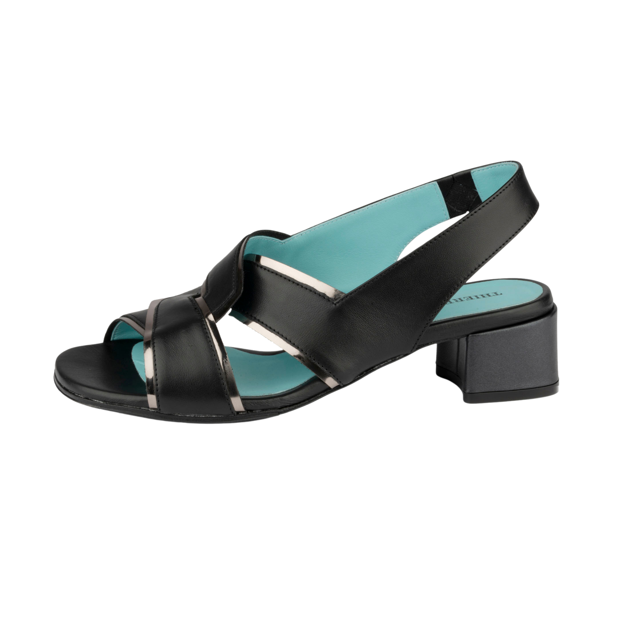 Black sandal with a block heel on a white background