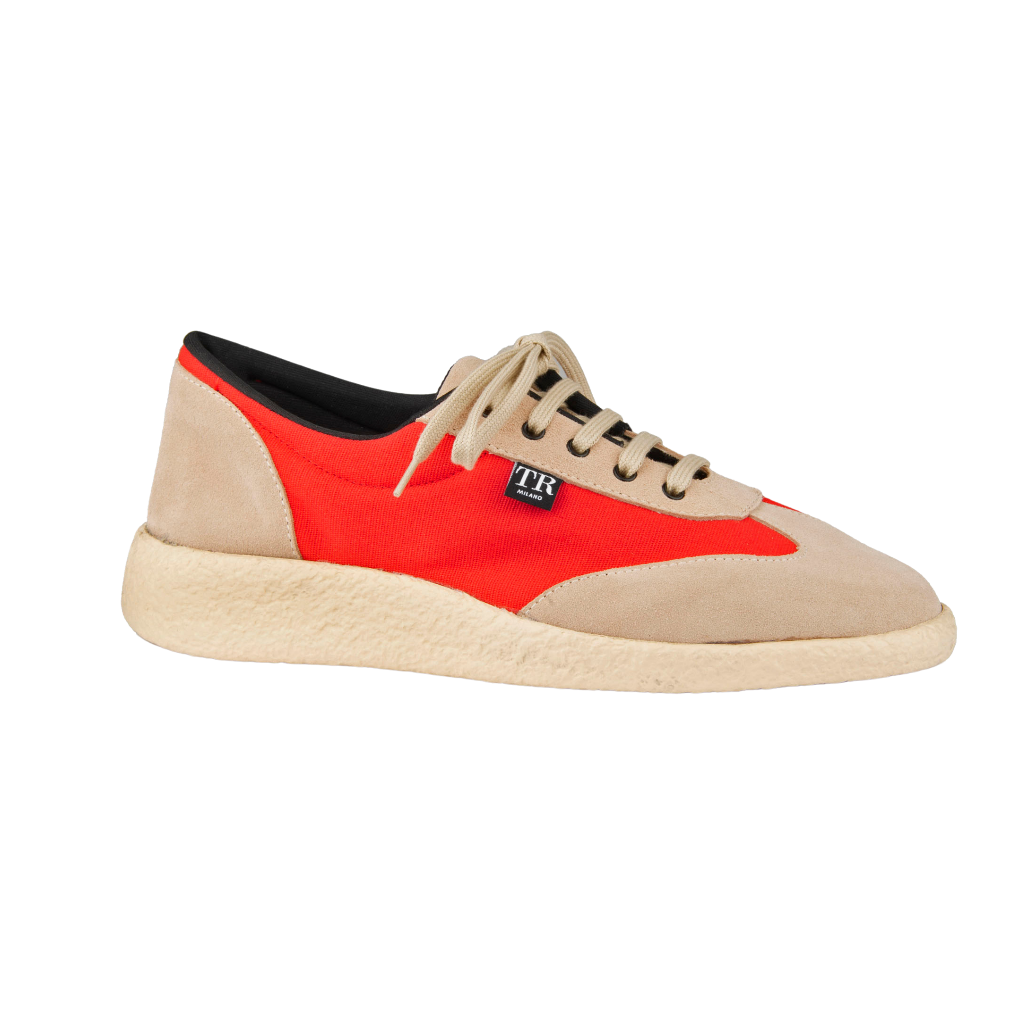 Beige and red sneaker with a visible brand logo on a white background