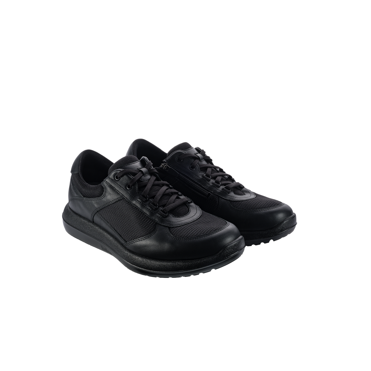 A pair of black athletic sneakers with a mix of smooth synthetic leather and mesh fabric panels, shown on a plain white background.
