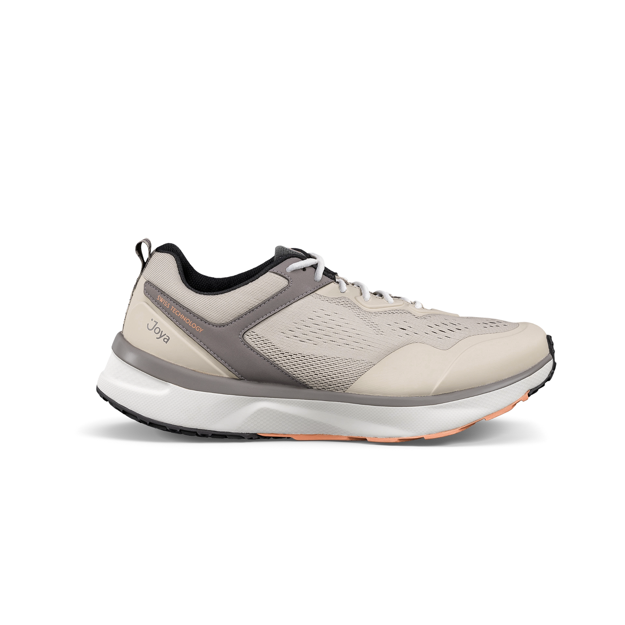 Beige and gray running shoe on a white background