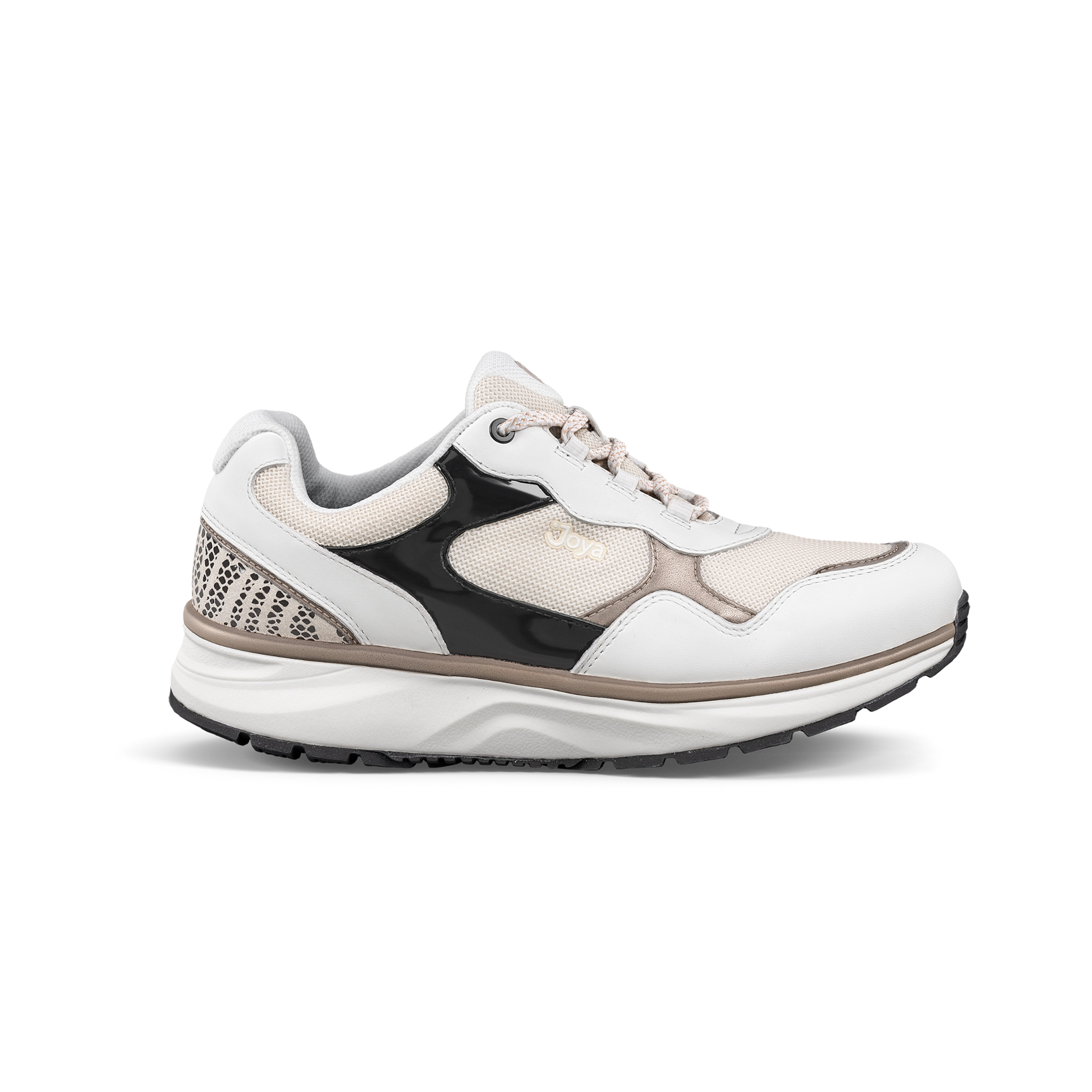 White sneaker with black and gray accents on a white background