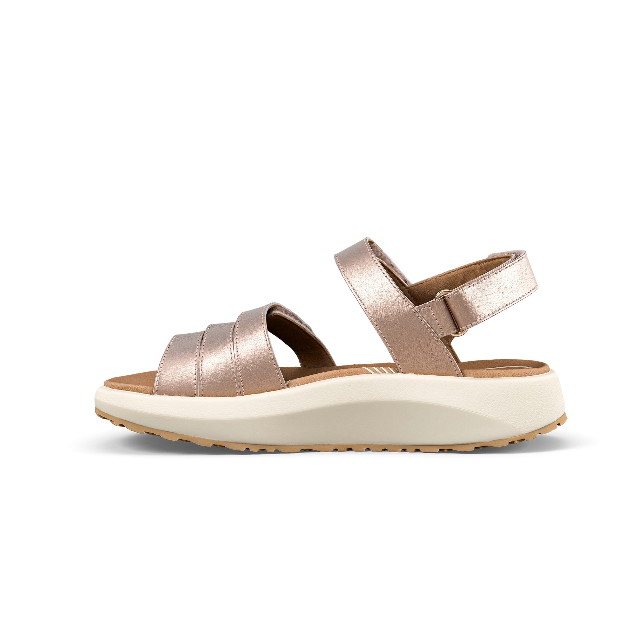 Rose gold sandal with white sole on a white background