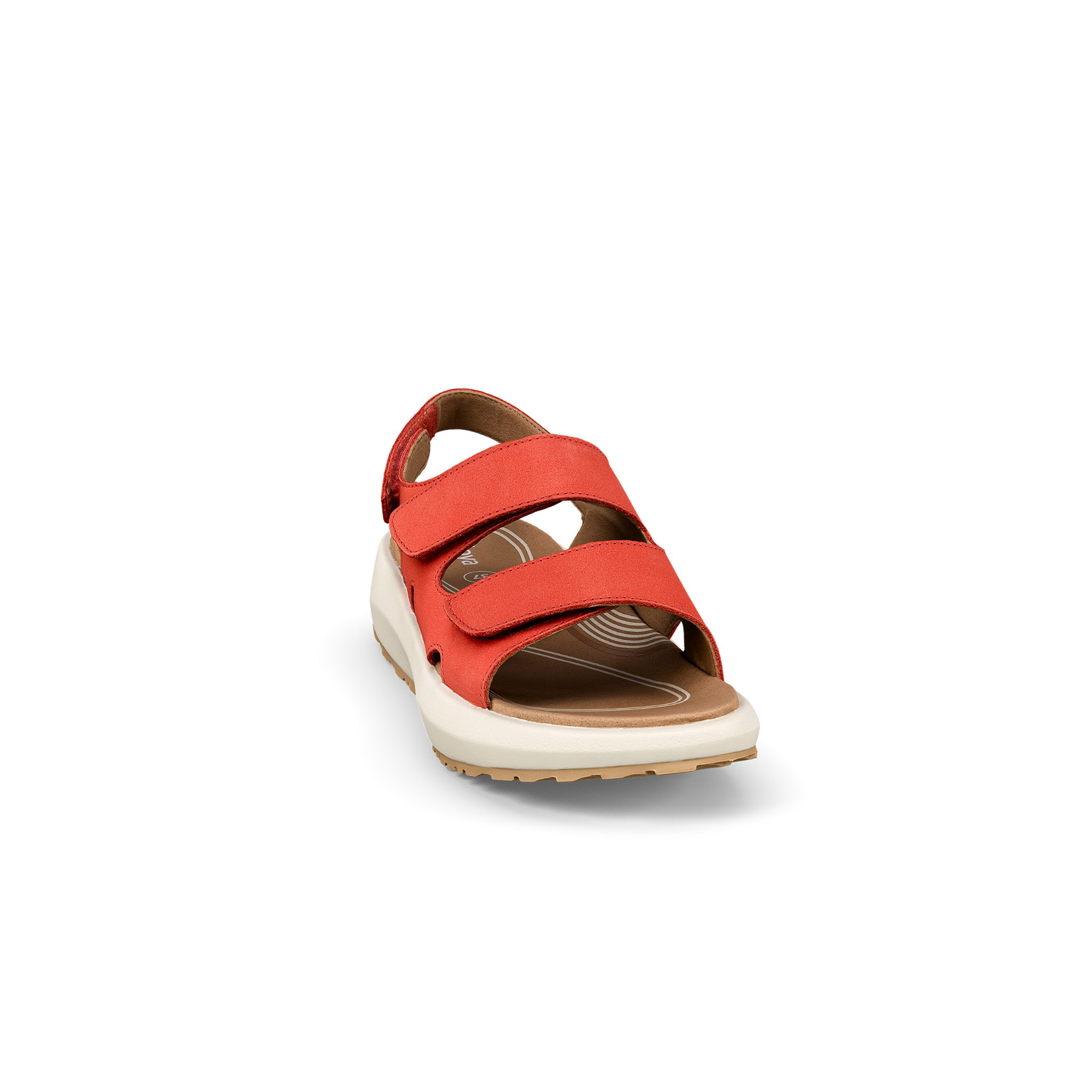Red sandal with a beige sole on a white background