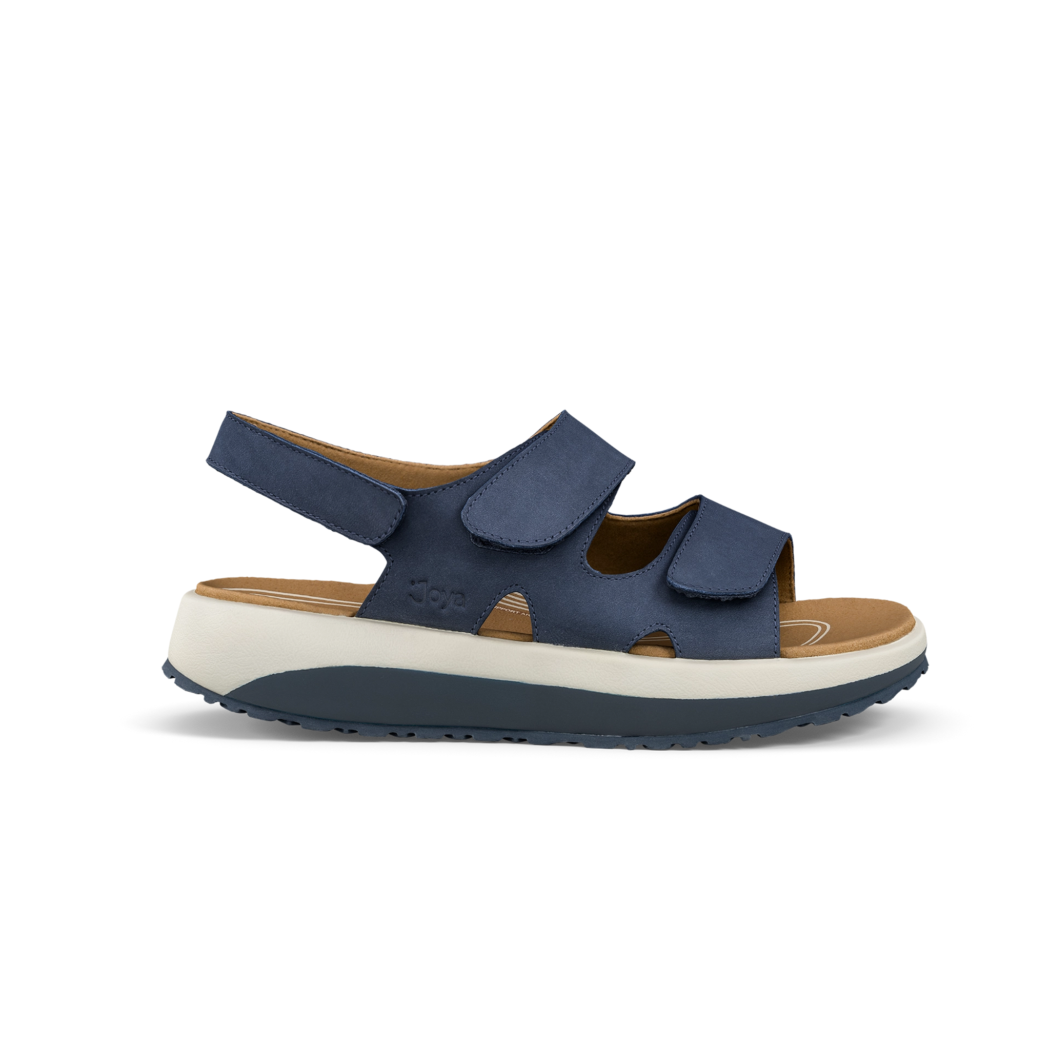 Navy sandal with brown insole on a white background