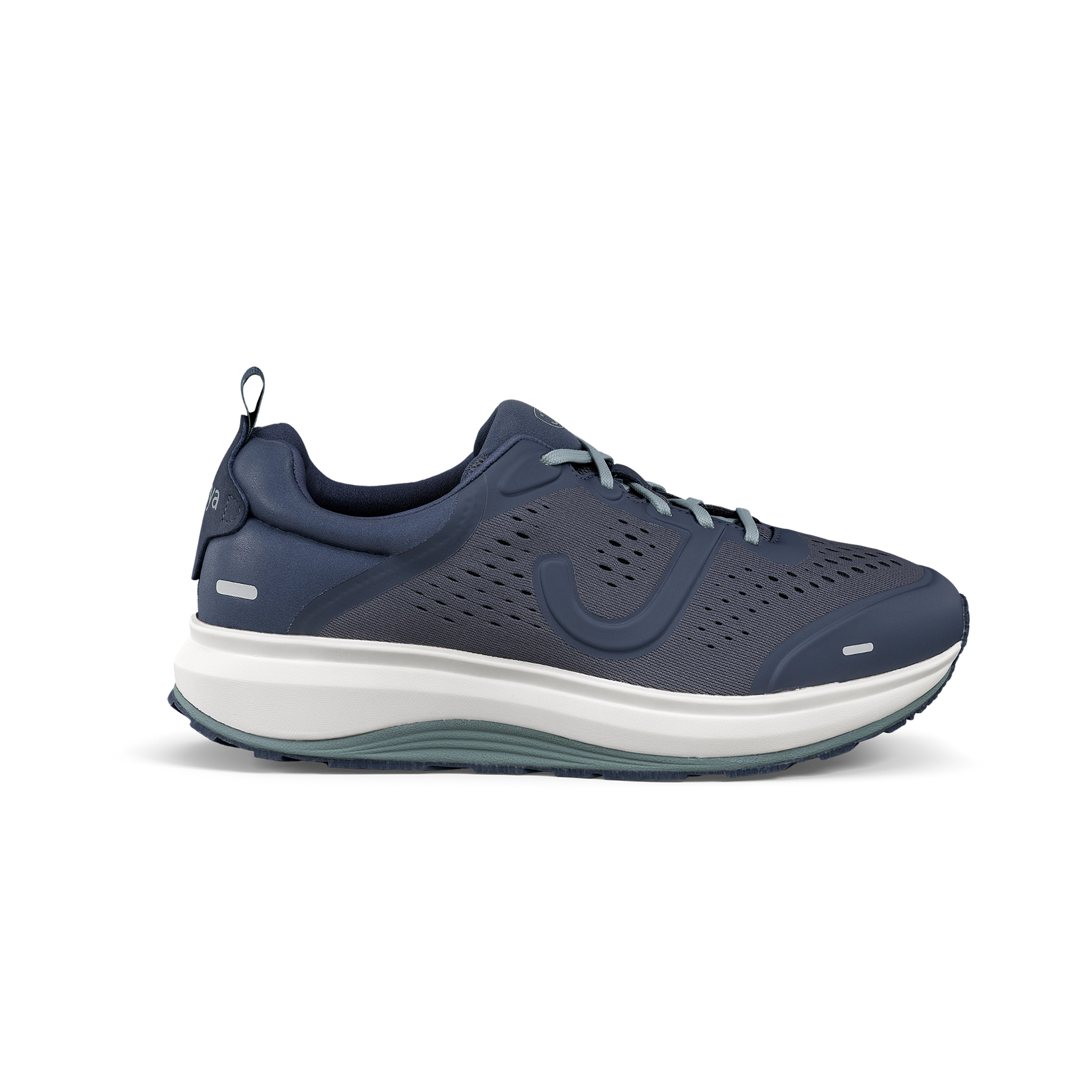 Blue athletic shoe with white sole on a white background