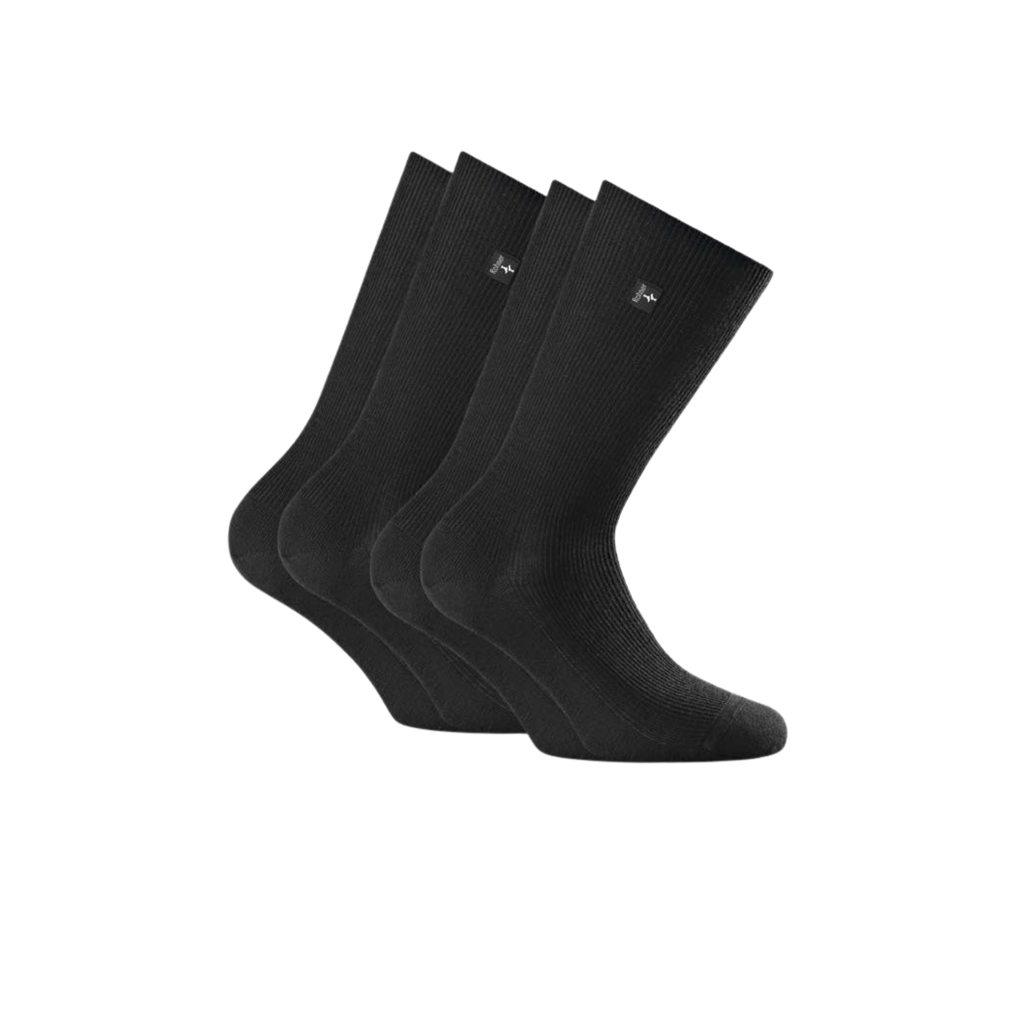 Four black socks with a brand logo on a white background