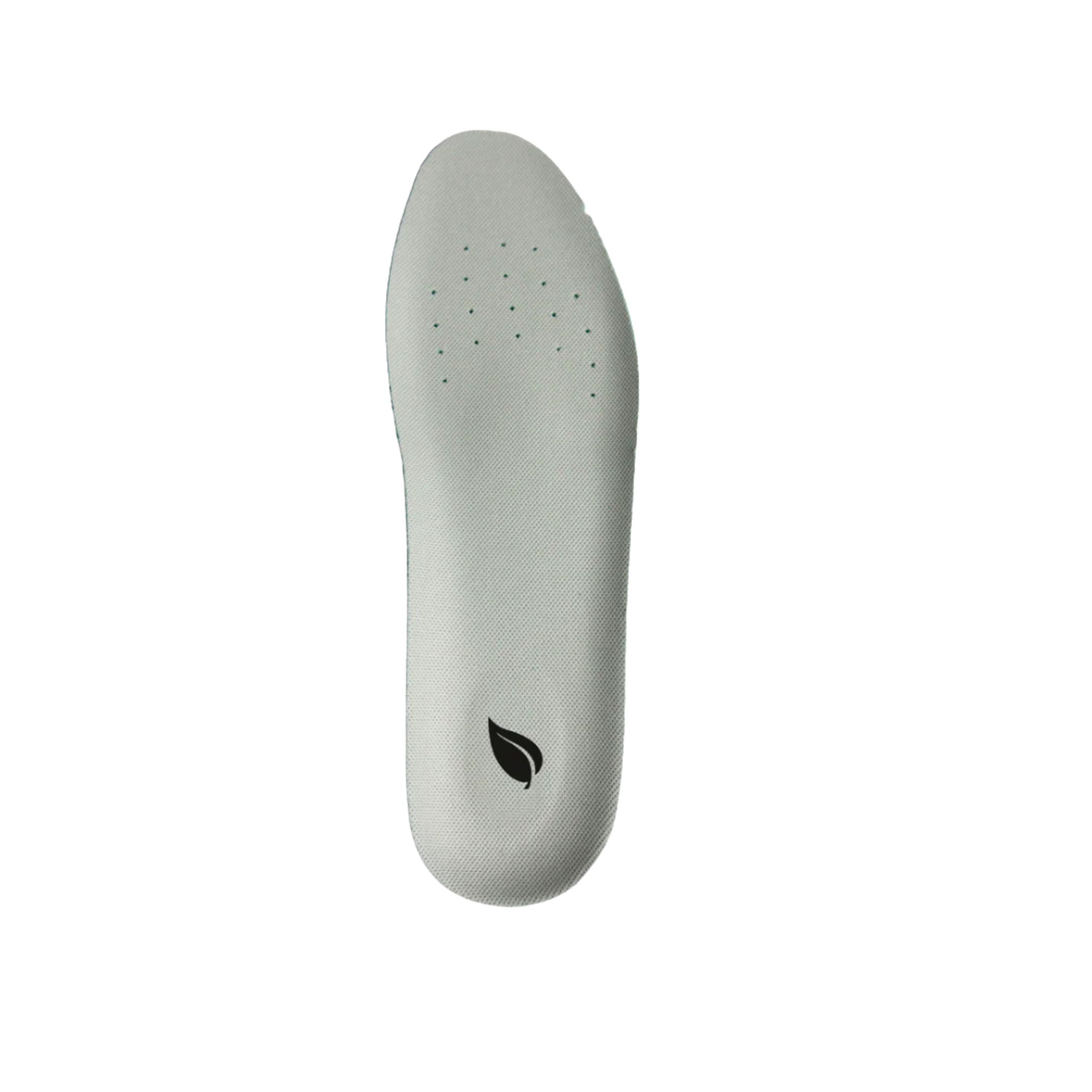 Gray shoe insole with a brand logo on a white background