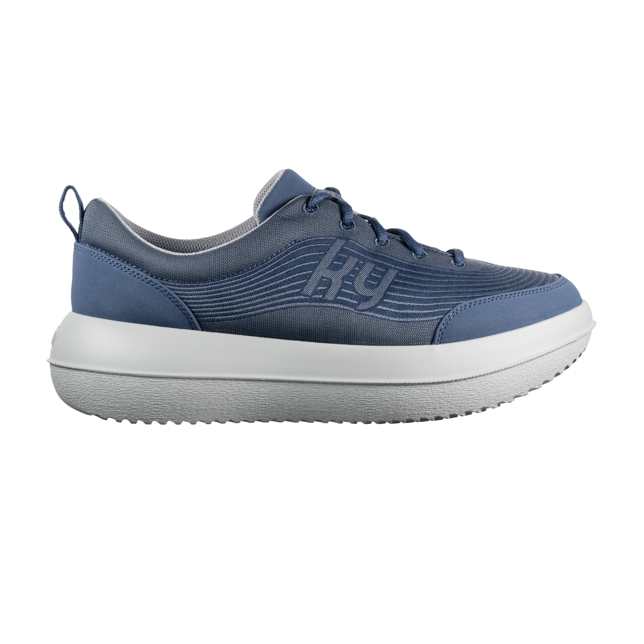 Blue athletic shoe with white sole on a white background