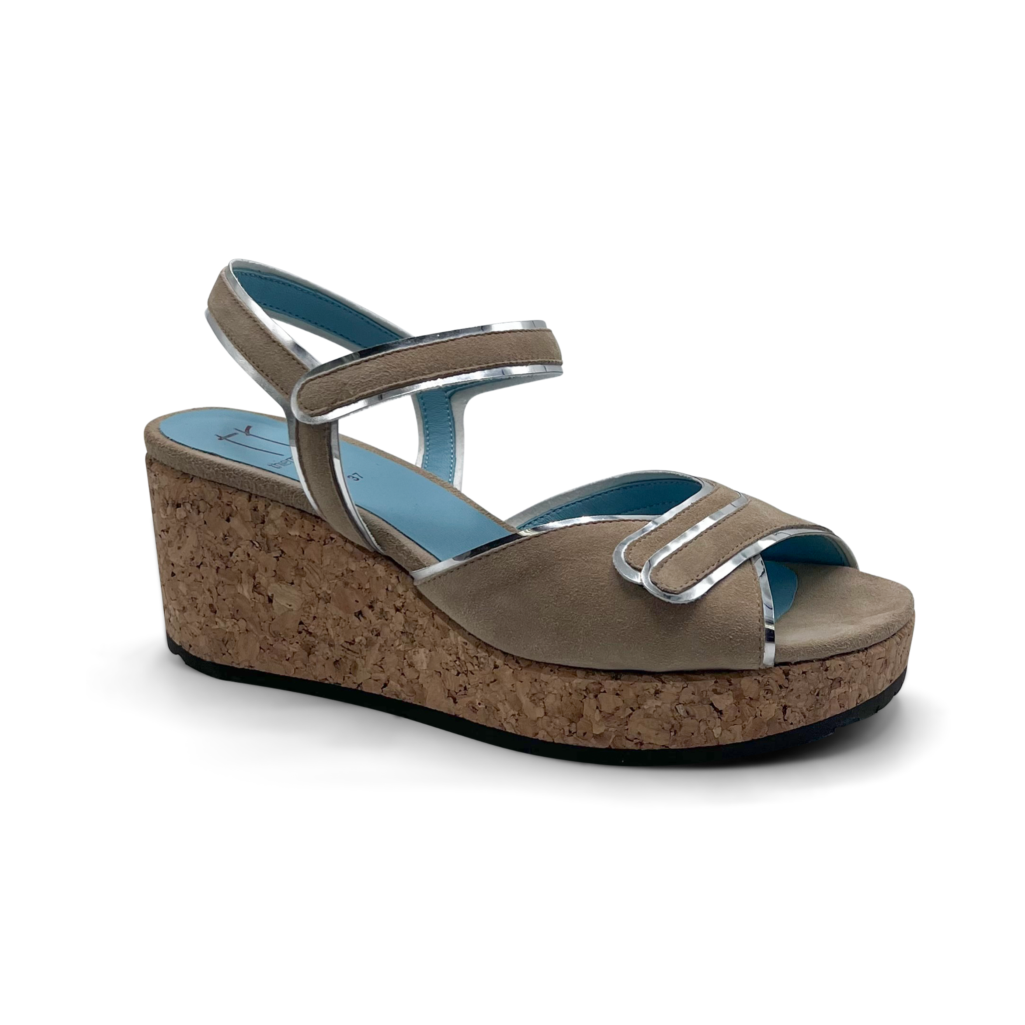 Brown wedge sandal with cork sole on a white background