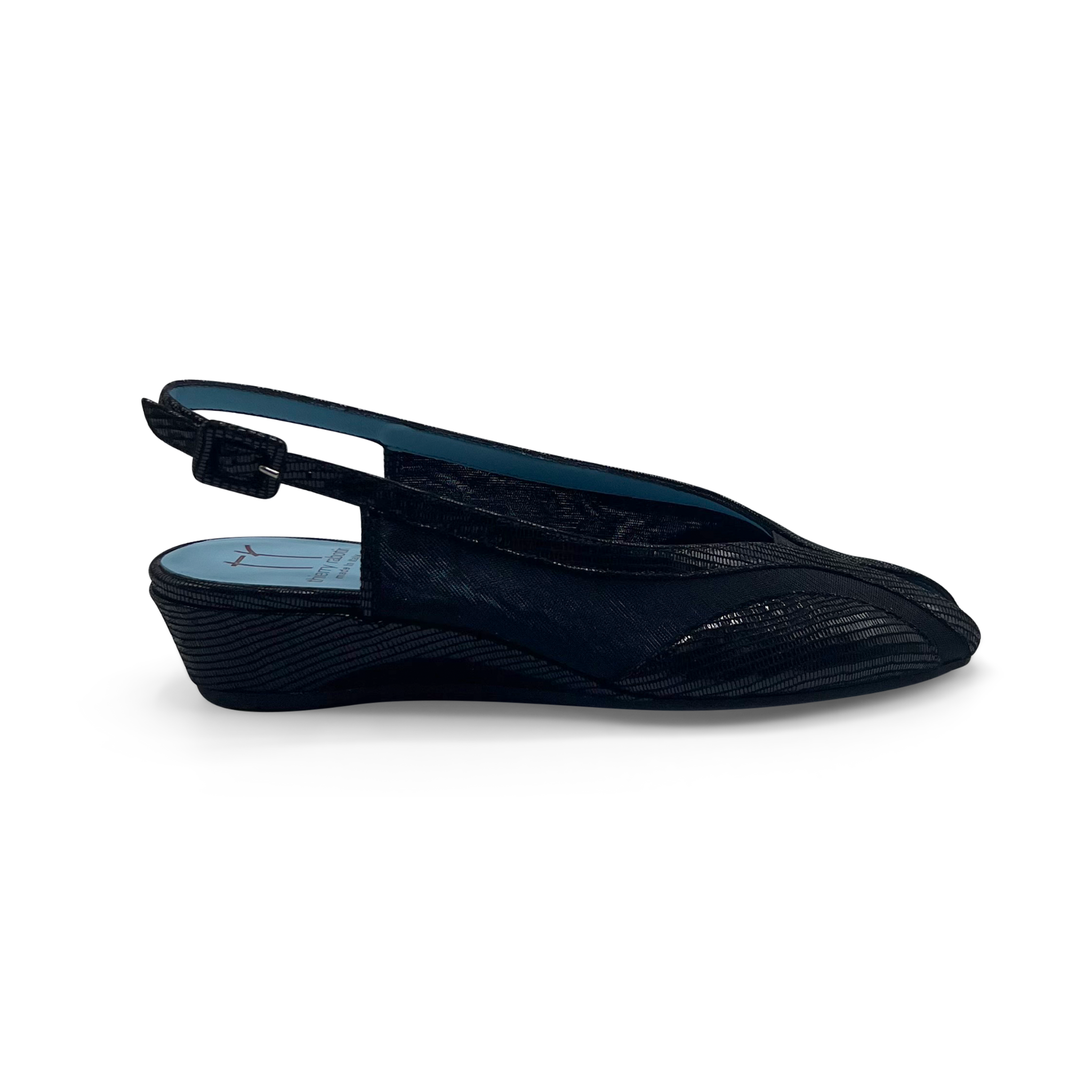 Black wedge sandal on a white background