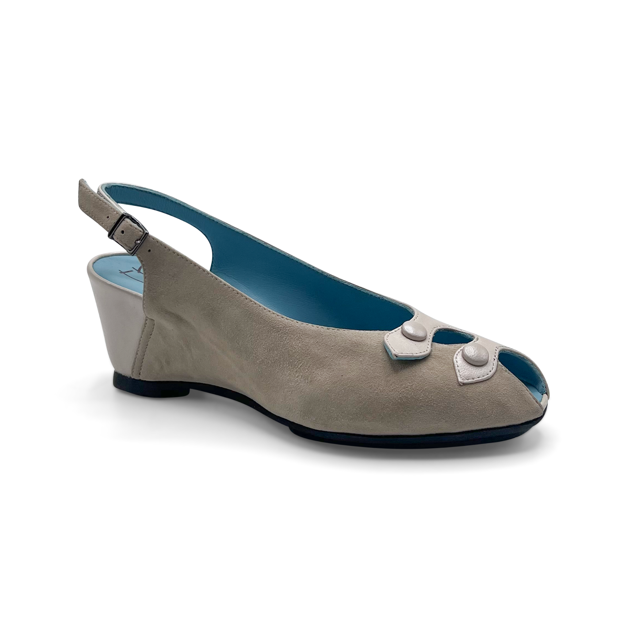 Thierry Rabotin Women's Catu Beige Pearlized Lambskin Nappa Leather and Beige Camoscio Suede Peep Toe Slingback Wedge side view