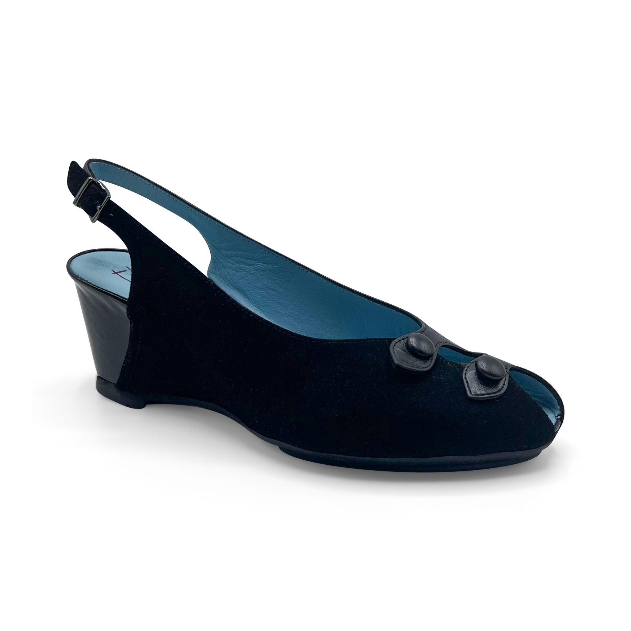 Thierry Rabotin Women's Catu Black Shine Black Camoscio Suede and Black Pearlized Lambskin Peep Toe Slingback Wedge side view