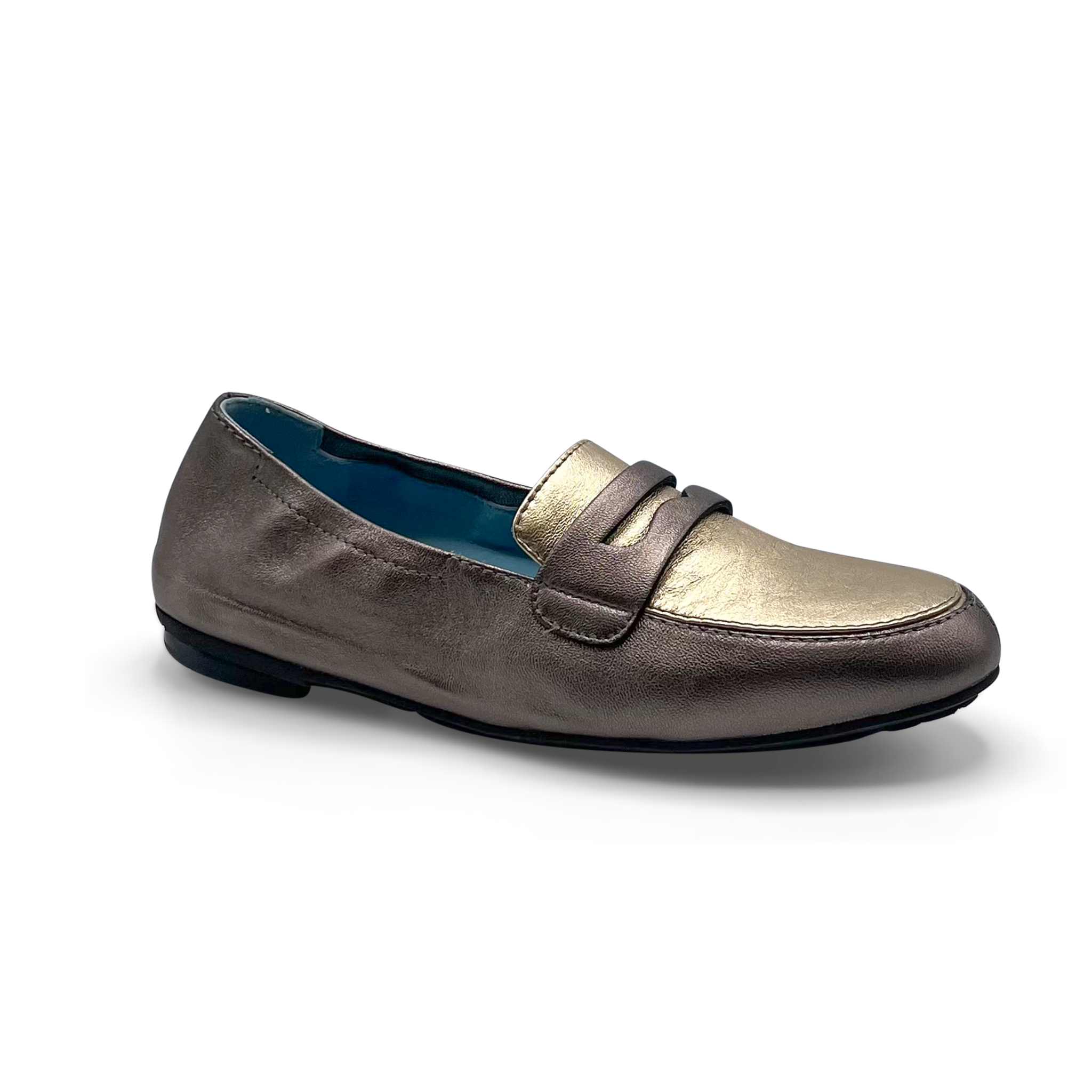 Loafer shoe with metallic gold buckle on a white background