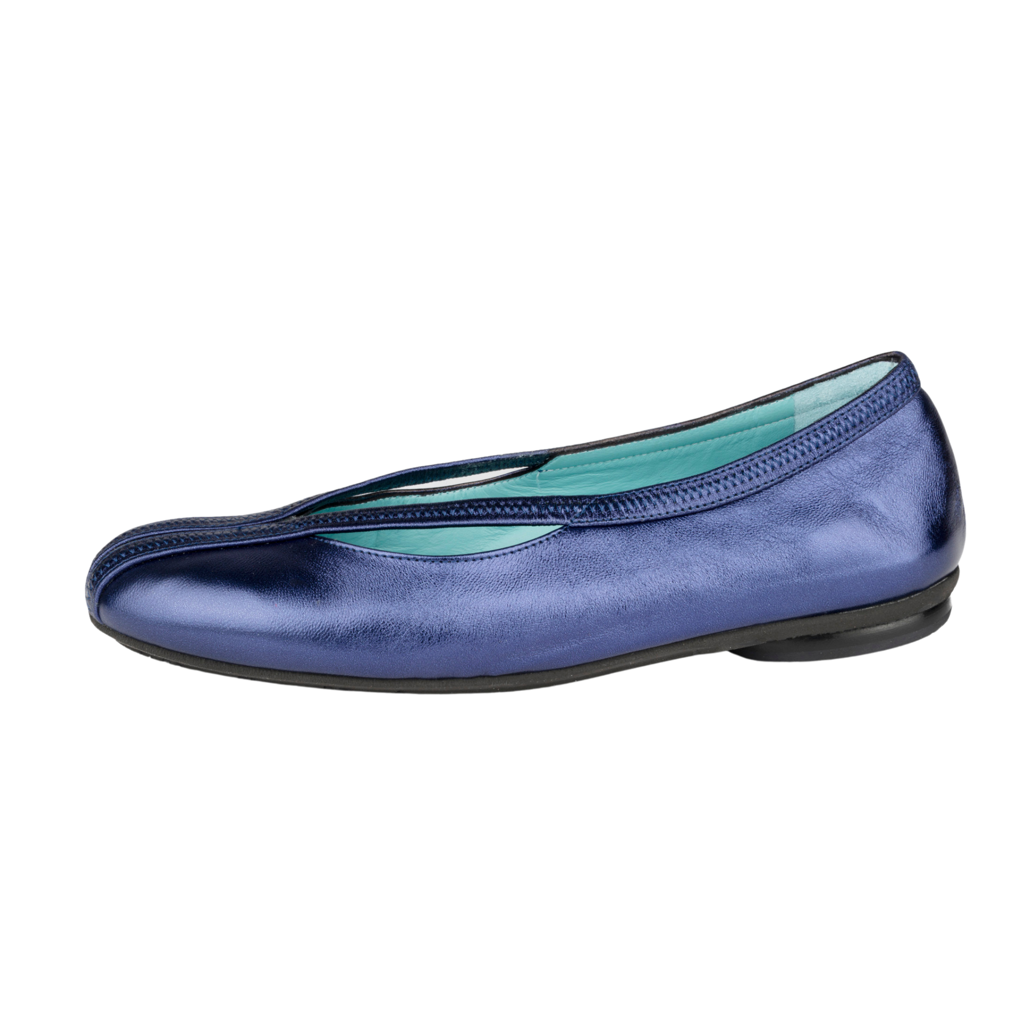 Blue metallic flat shoe on a white background