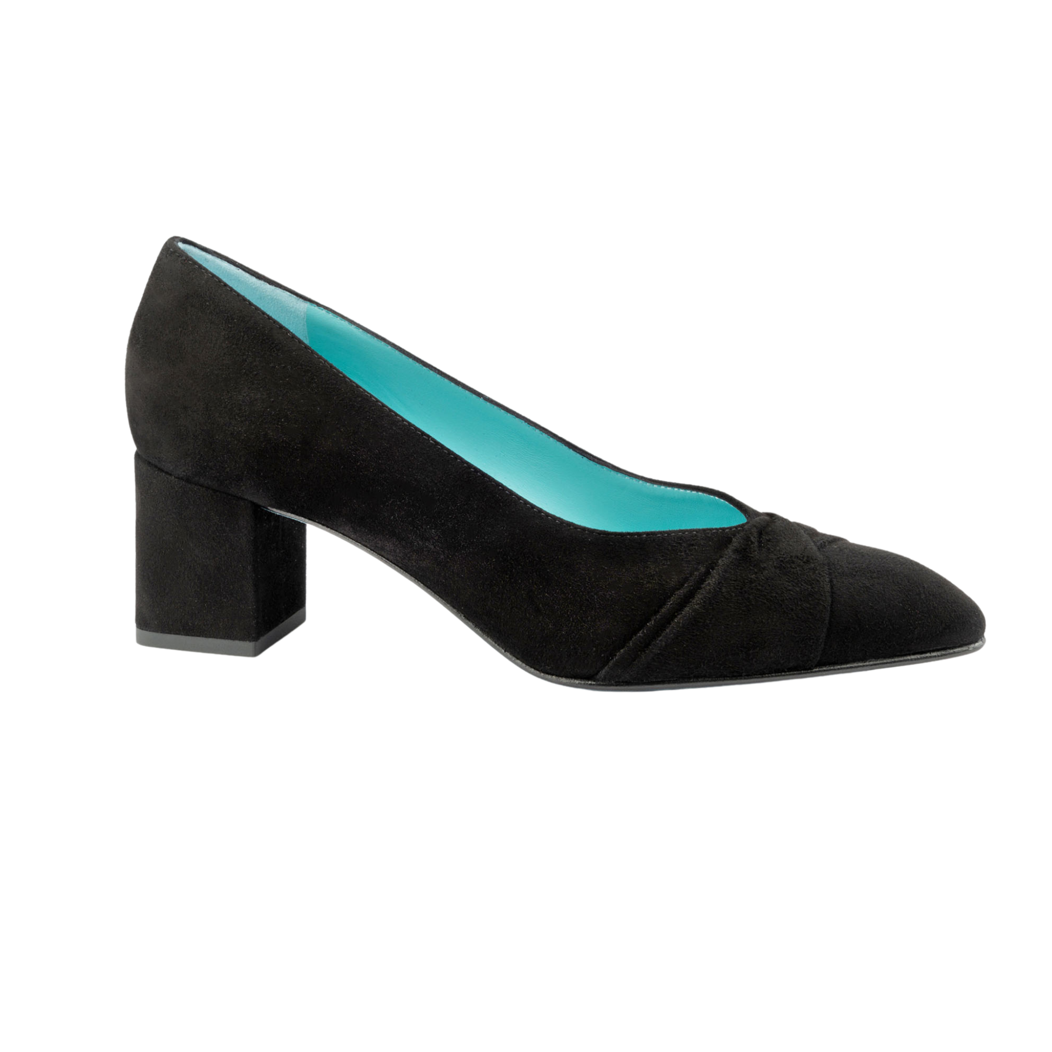 Black suede shoe with a block heel on a white background