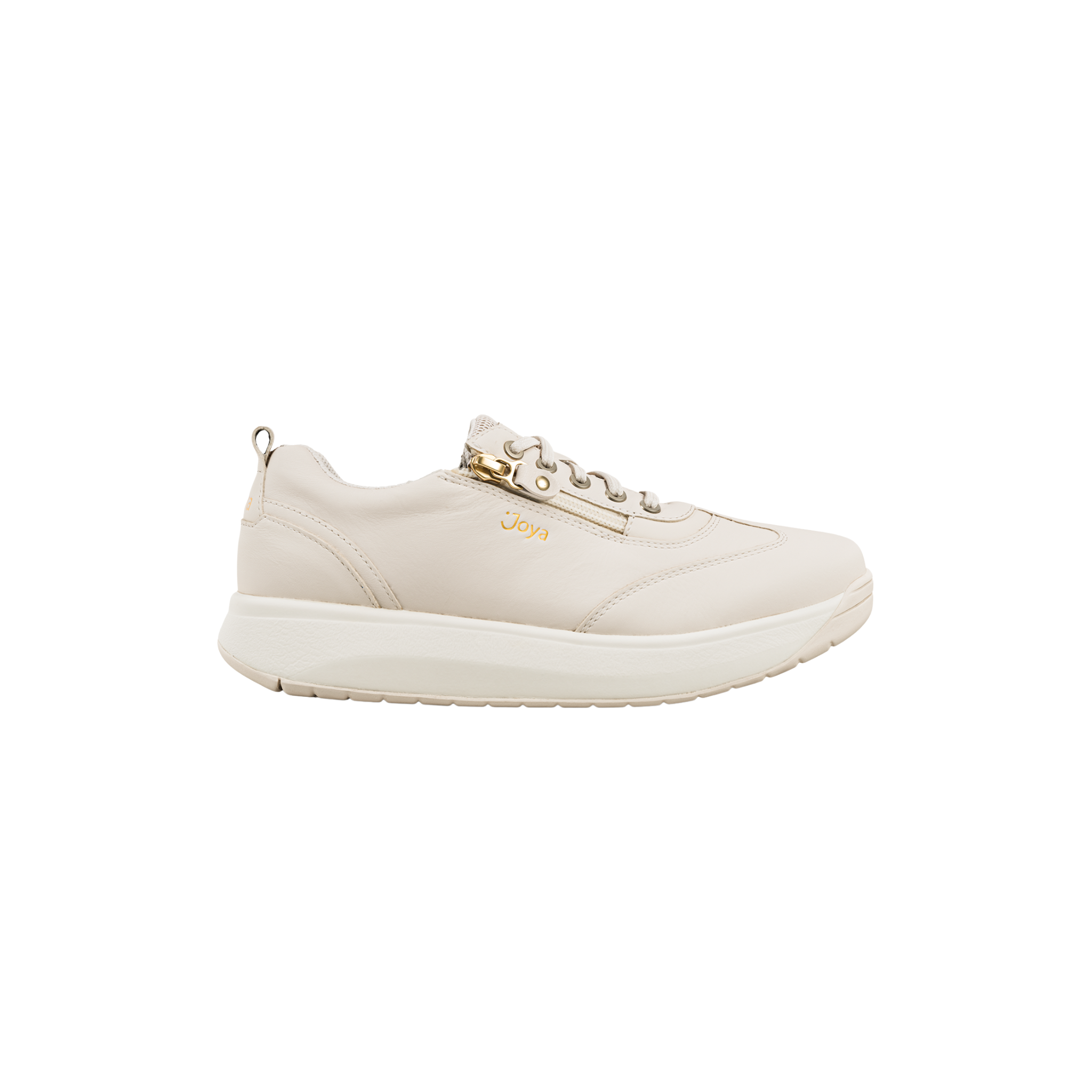 A single cream-colored low-top sneaker with a thick platform sole, featuring a gold 'Joya' logo on the side and gold-tone metal hardware on the laces, shown against a plain white background.