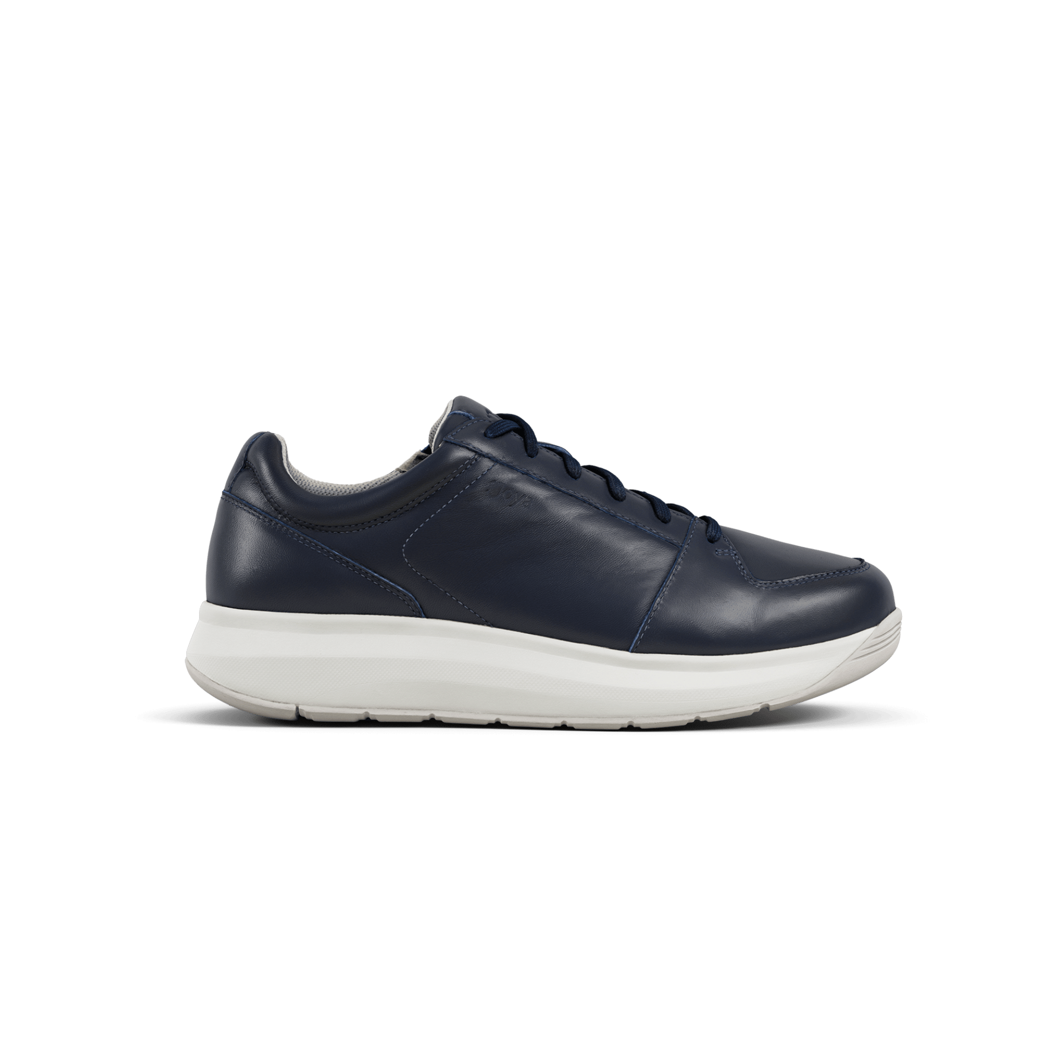 A navy blue leather low-top sneaker with a thick white platform sole, shown in a side profile on a white background.