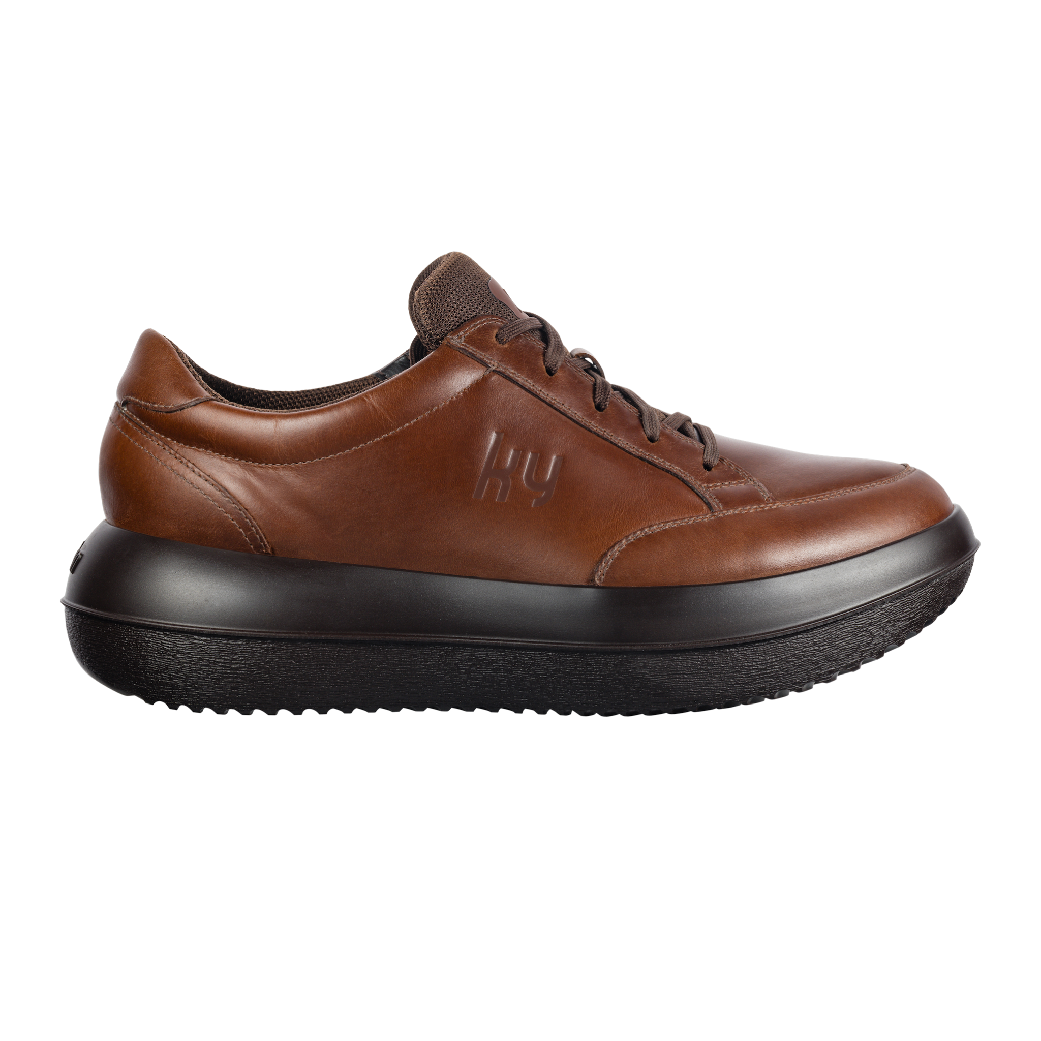 Brown leather shoe with black sole on a white background