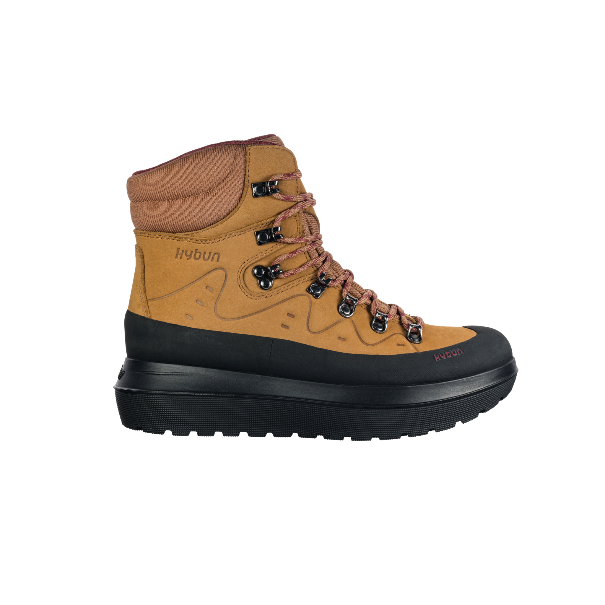 Brown hiking boot with black sole on a white background