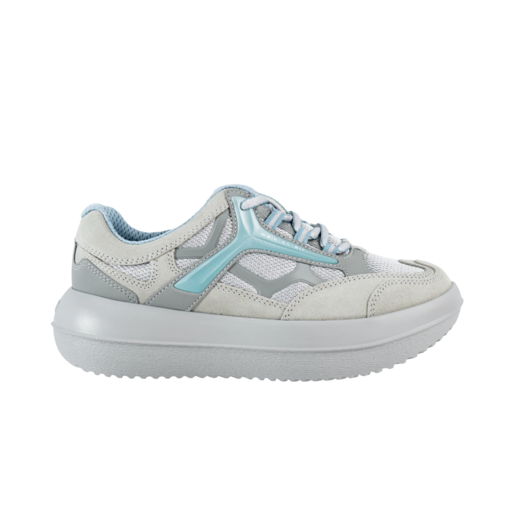grey and white sneaker with blue accent on white background