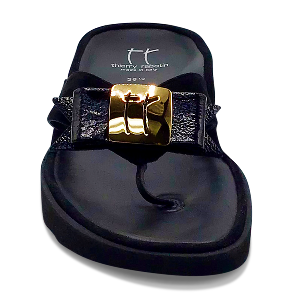 Thierry Rabotin Women's Kristen 1330 Black Suede and Black Patent Combo Gold Button
