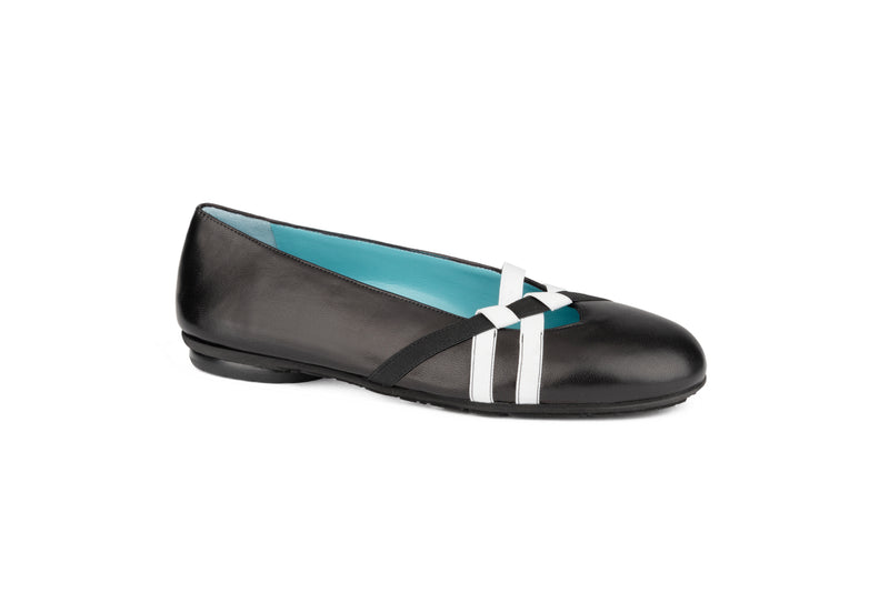 Thierry Rabotin Women's Gaeta 2400 Black Nappa Leather White Elastic Combo Flat