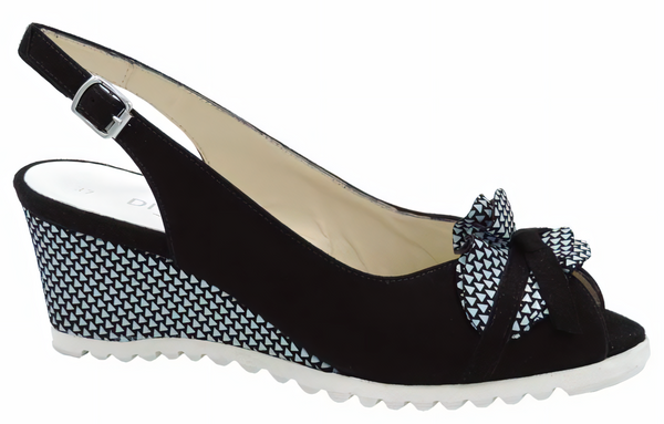 DI CHENZO Women's 10657 Black Suede White Leather Peep Toe Slingback Wedge Sandal