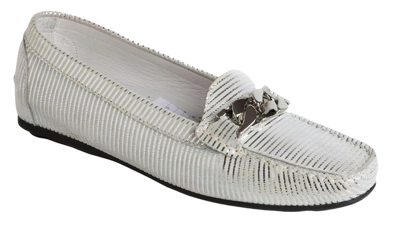 DI CHENZO Women's 1209 Shiny Silver and White Leather Loafer
