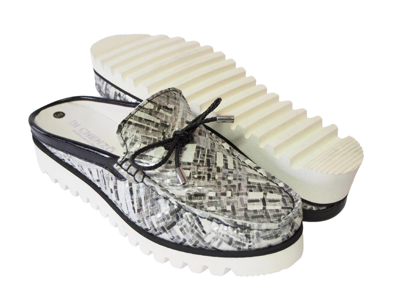 DI CHENZO Women's 955 Black and White Square Print Leather Mule