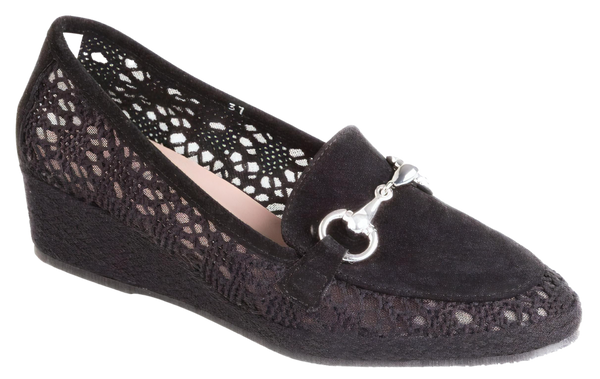 DI CHENZO Women's Pina Black Nubuck Leather Silver Bit Wedge