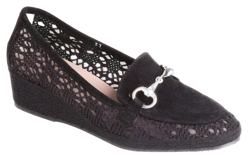DI CHENZO Women's Pina Black Nubuck Leather Silver Bit Wedge