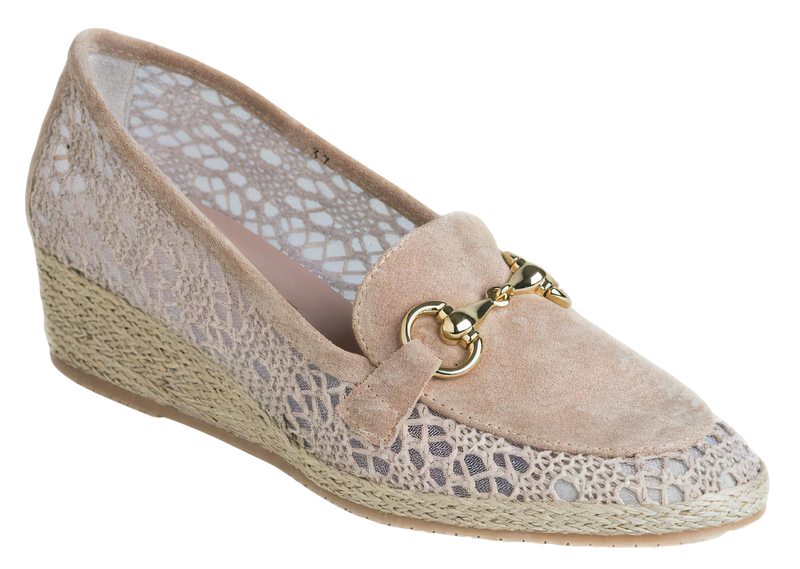 DI CHENZO Women's Pina Light Beige Nubuck Leather Gold Bit Wedge