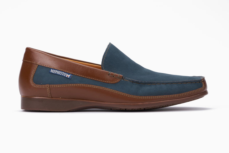 Mephisto Men's Baduard Two Tone Navy Nubuck And Hazelnut Leather Slip-On Loafer