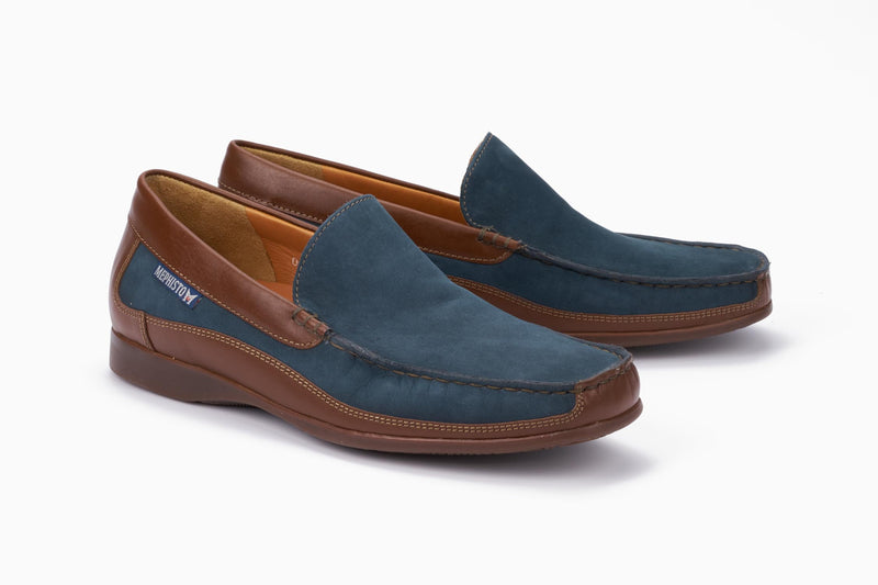 Mephisto Men's Baduard Two Tone Navy Nubuck And Hazelnut Leather Slip-On Loafer