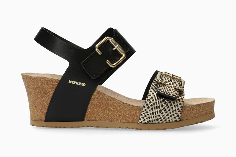 Mephisto Women's Lissandra Black Snake Print Leather Wedge