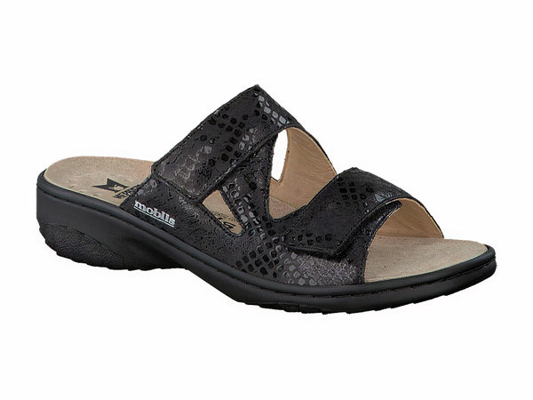 Mephisto Mobils Women's Geva Black Snake Print Leather Sandal