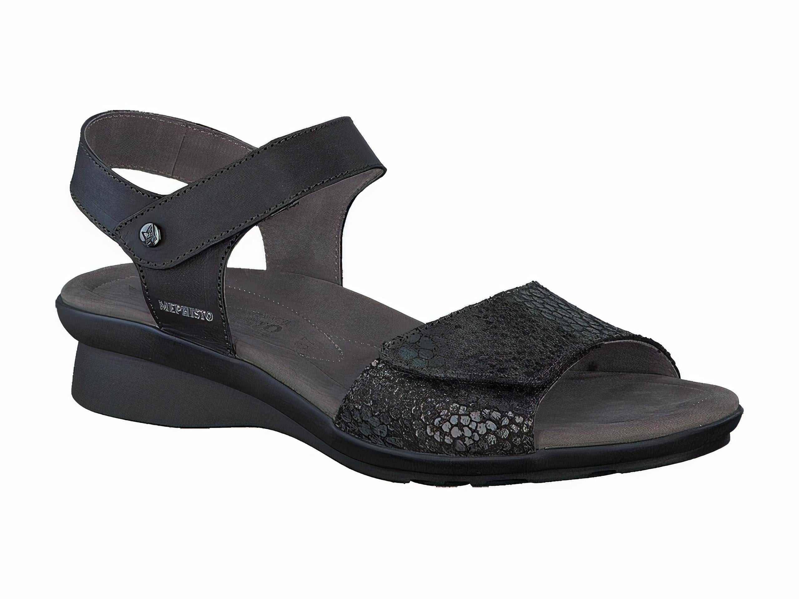 Mephisto Women's Pattie Black Metallic Snake Print And Smooth Leather Combo Sandal