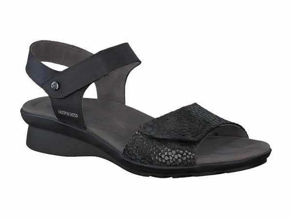 Mephisto Women's Pattie Black Metallic Snake Print And Smooth Leather Combo Sandal