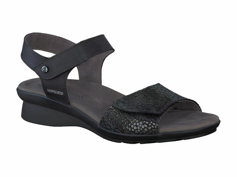 Mephisto Women's Pattie Black Metallic Snake Print And Smooth Leather Combo Sandal