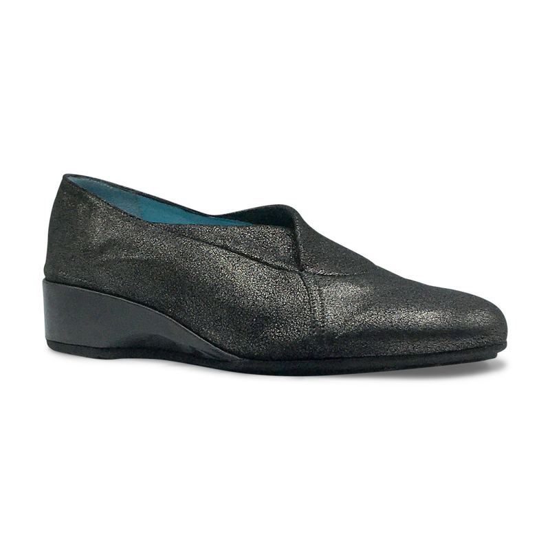 Thierry Rabotin Women's Ziliah Black Metallic Stretch Leather Wedge